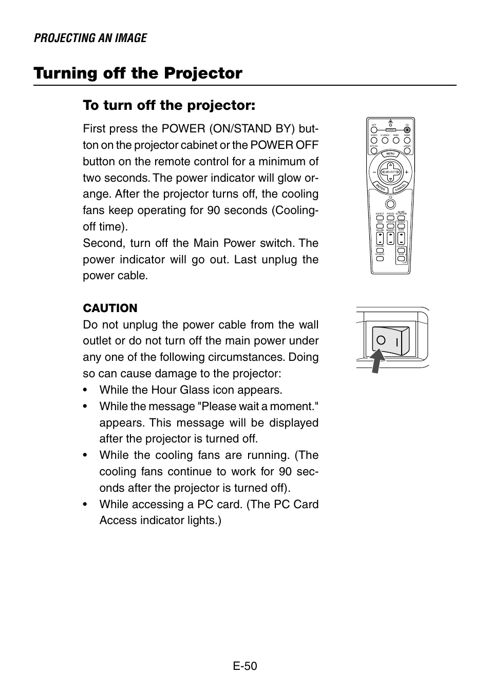 Turning off the projector, Projecting an image, E-50 | NEC LT240K User Manual | Page 50 / 152