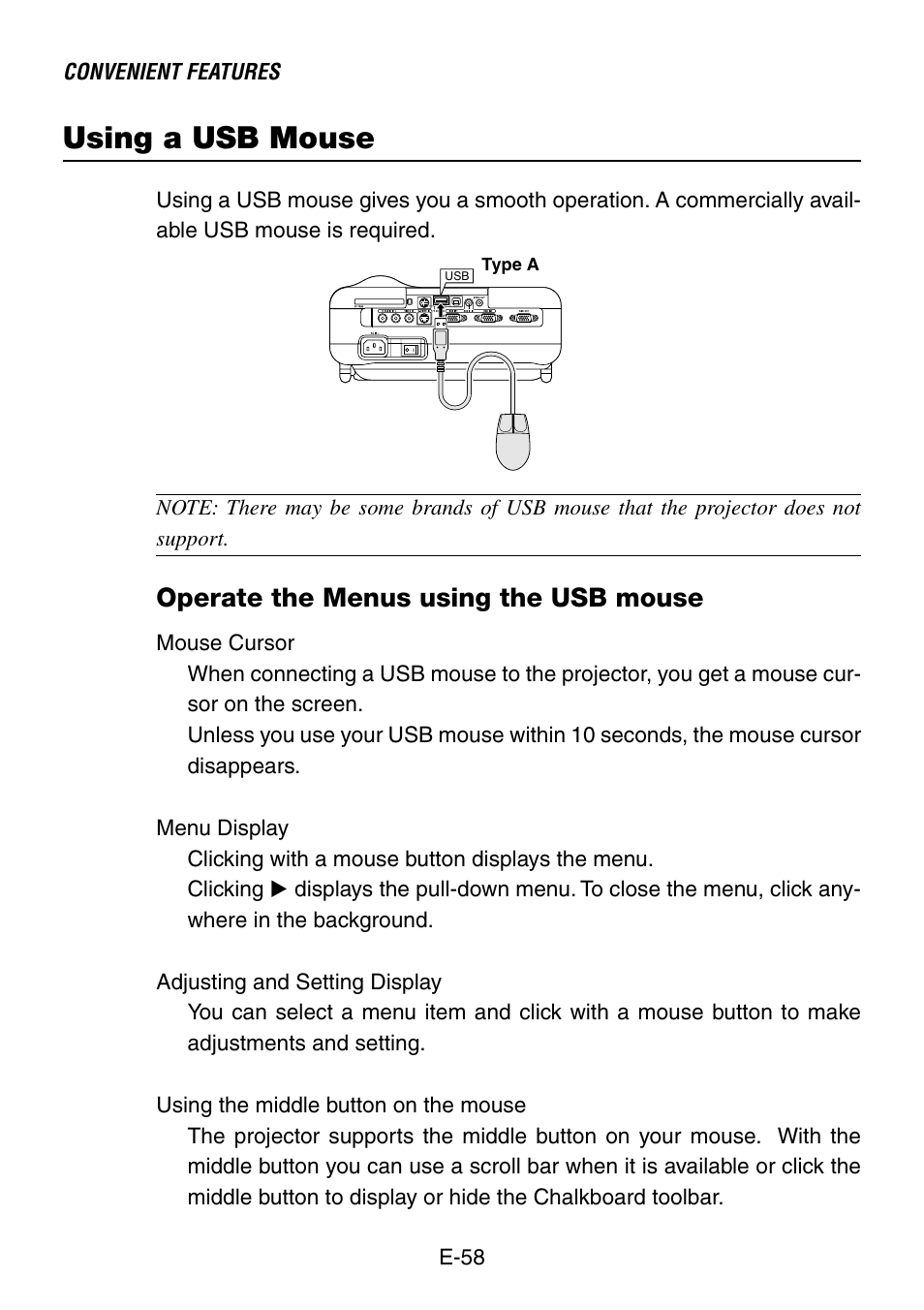 Using a usb mouse, Operate the menus using the usb mouse | NEC LT240K User Manual | Page 58 / 152