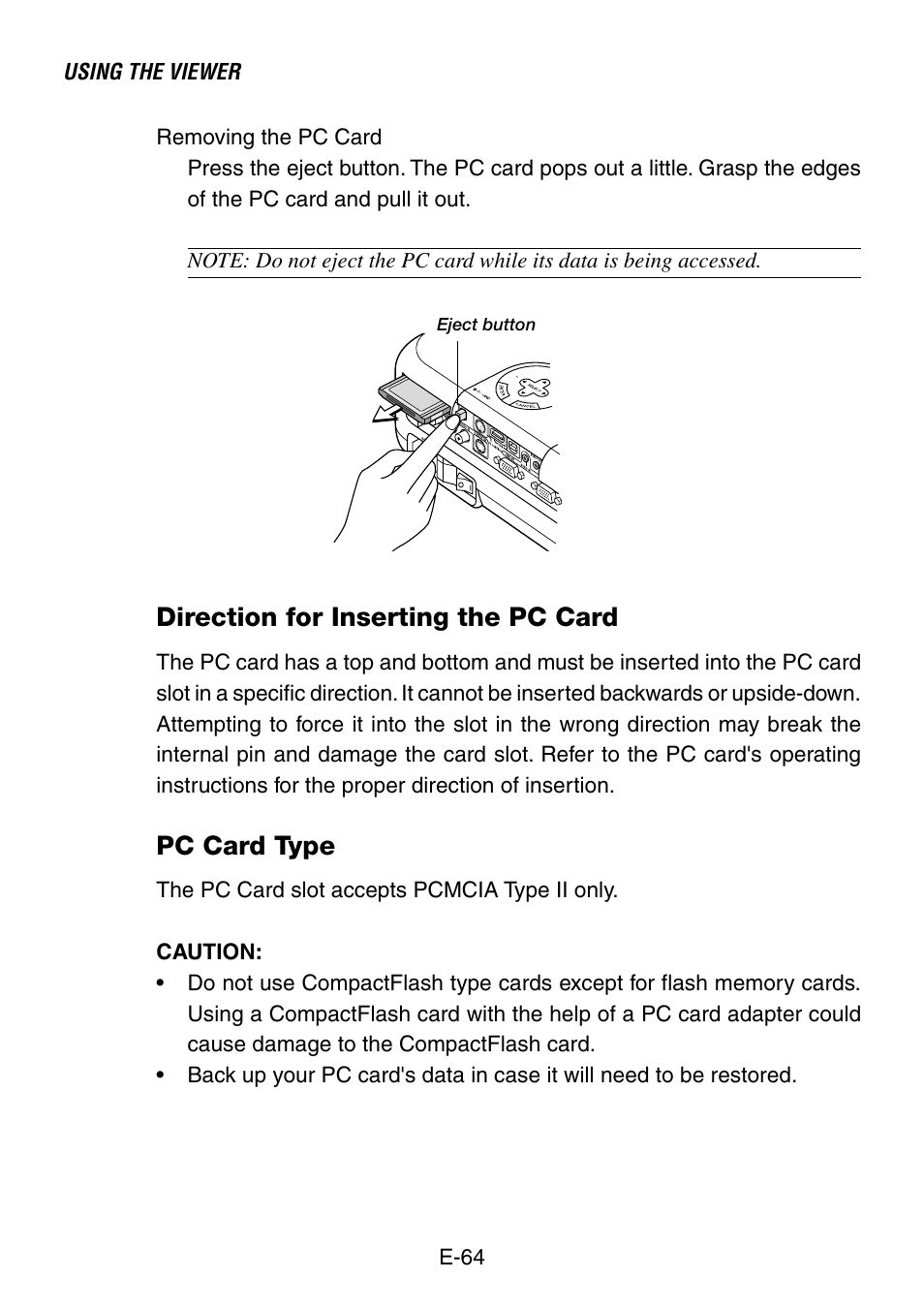 Direction for inserting the pc card, Pc card type | NEC LT240K User Manual | Page 64 / 152