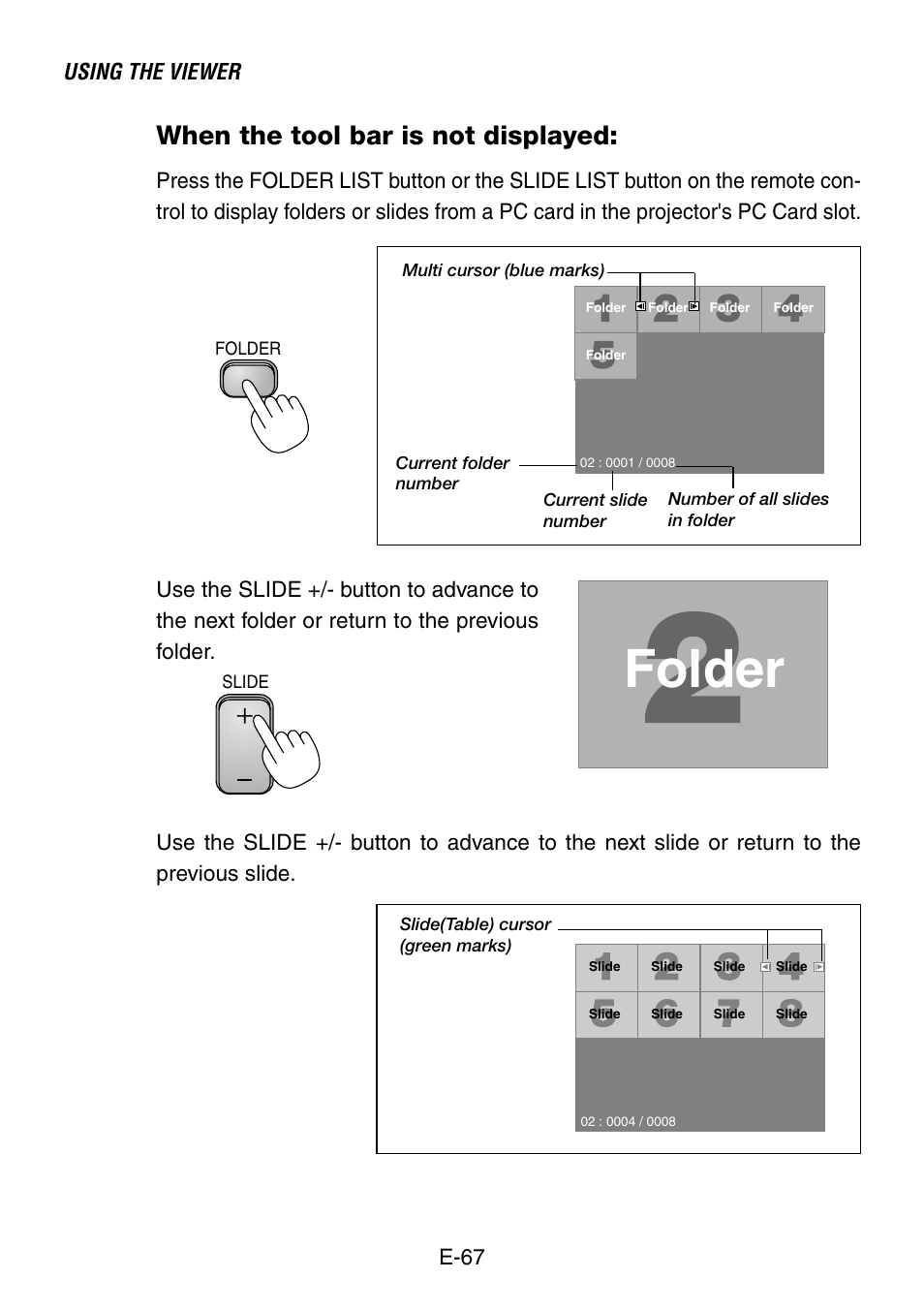 Folder, When the tool bar is not displayed, Using the viewer | E-67 | NEC LT240K User Manual | Page 67 / 152