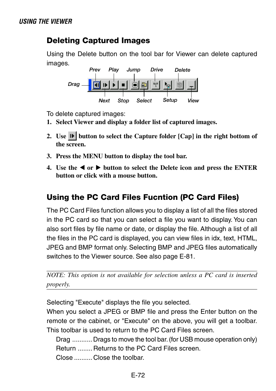 Deleting captured images, Using the pc card files fucntion (pc card files) | NEC LT240K User Manual | Page 72 / 152