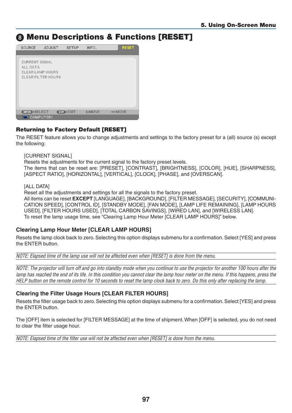 8) menu descriptions & functions [reset, Returning to factory default [reset, Menu descriptions & functions [reset | NEC M350X User Manual | Page 107 / 155