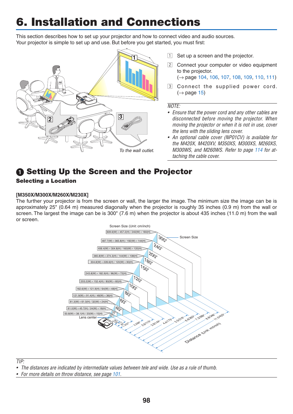 Installation and connections, 1) setting up the screen and the projector, Selecting a location | 1 setting up the screen and the projector | NEC M350X User Manual | Page 108 / 155
