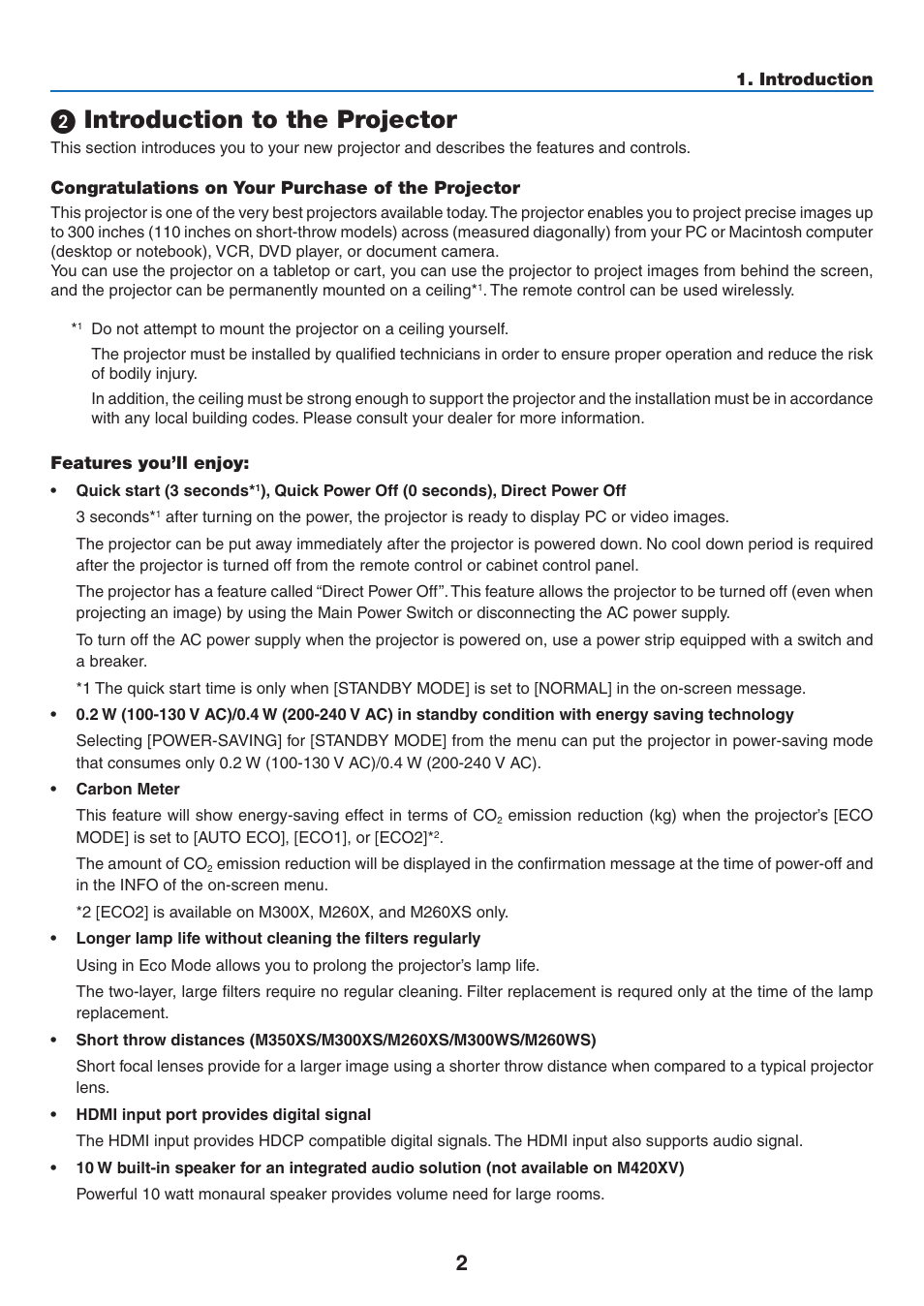 2) introduction to the projector, Congratulations on your purchase of the projector, Features you’ll enjoy | Introduction to the projector | NEC M350X User Manual | Page 12 / 155