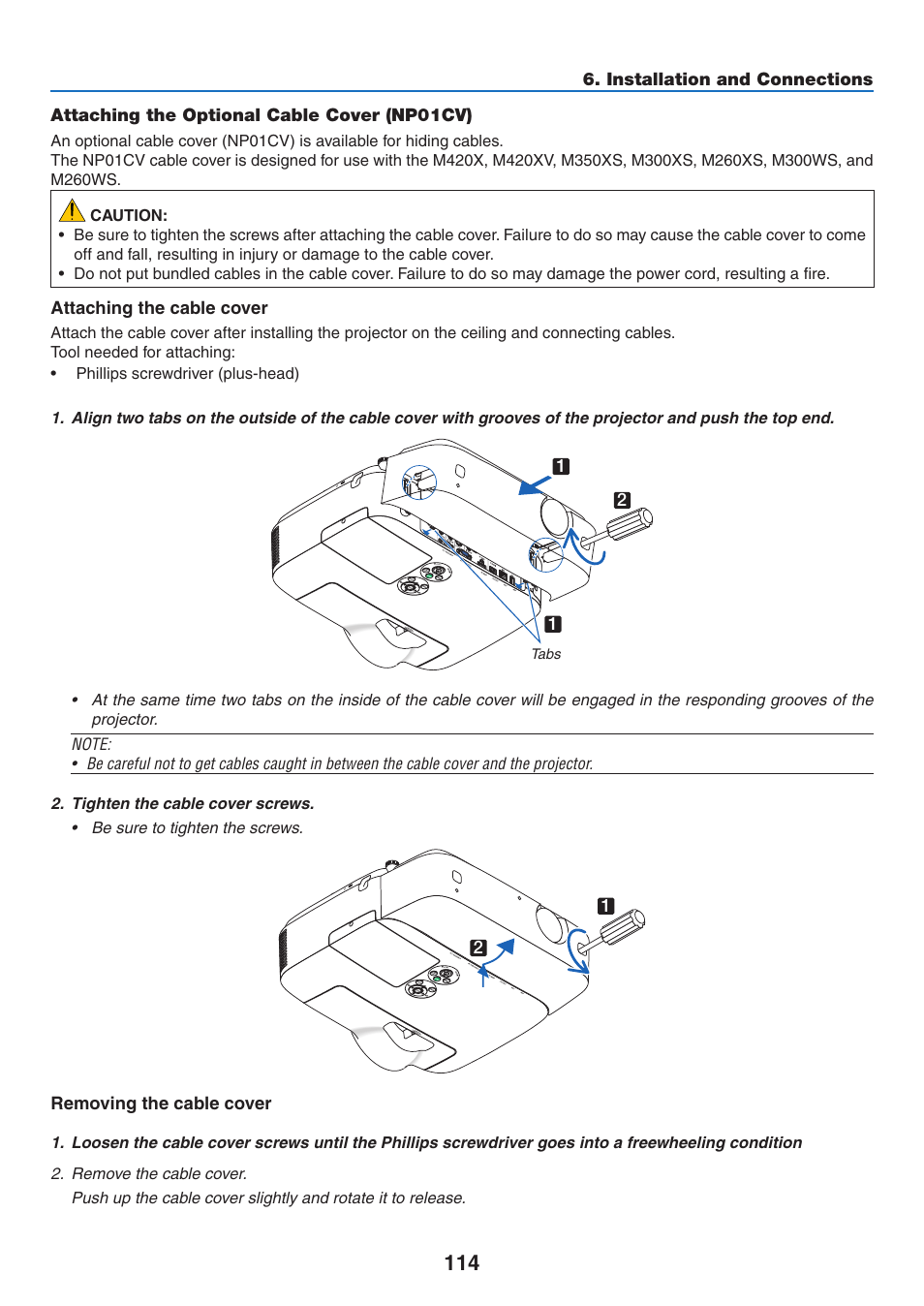 Attaching the optional cable cover (np01cv) | NEC M350X User Manual | Page 124 / 155