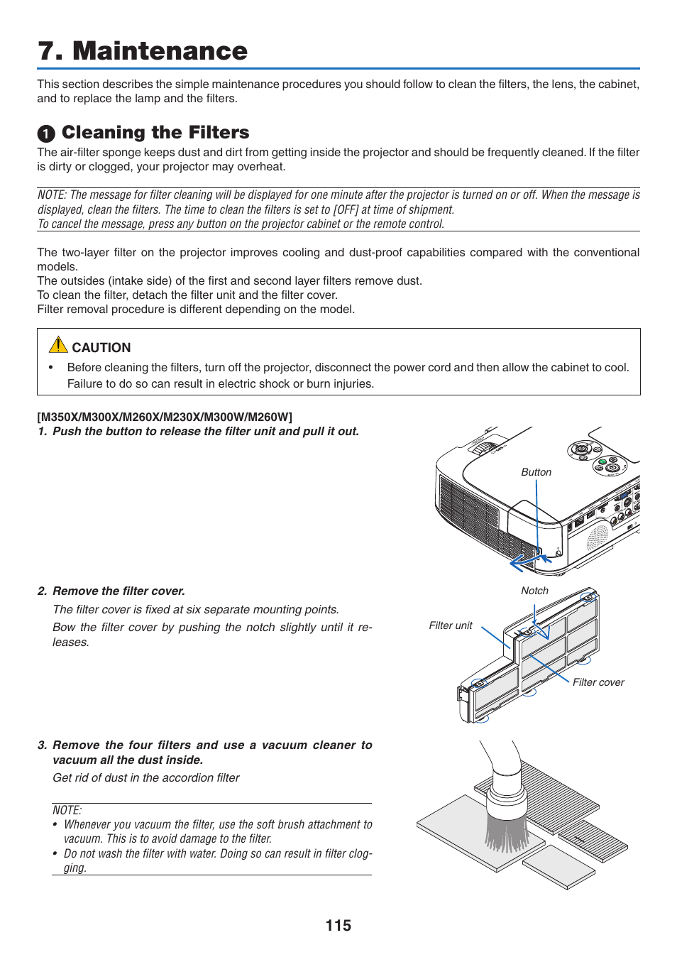 Maintenance, 1) cleaning the filters, 1 cleaning the filters | NEC M350X User Manual | Page 125 / 155