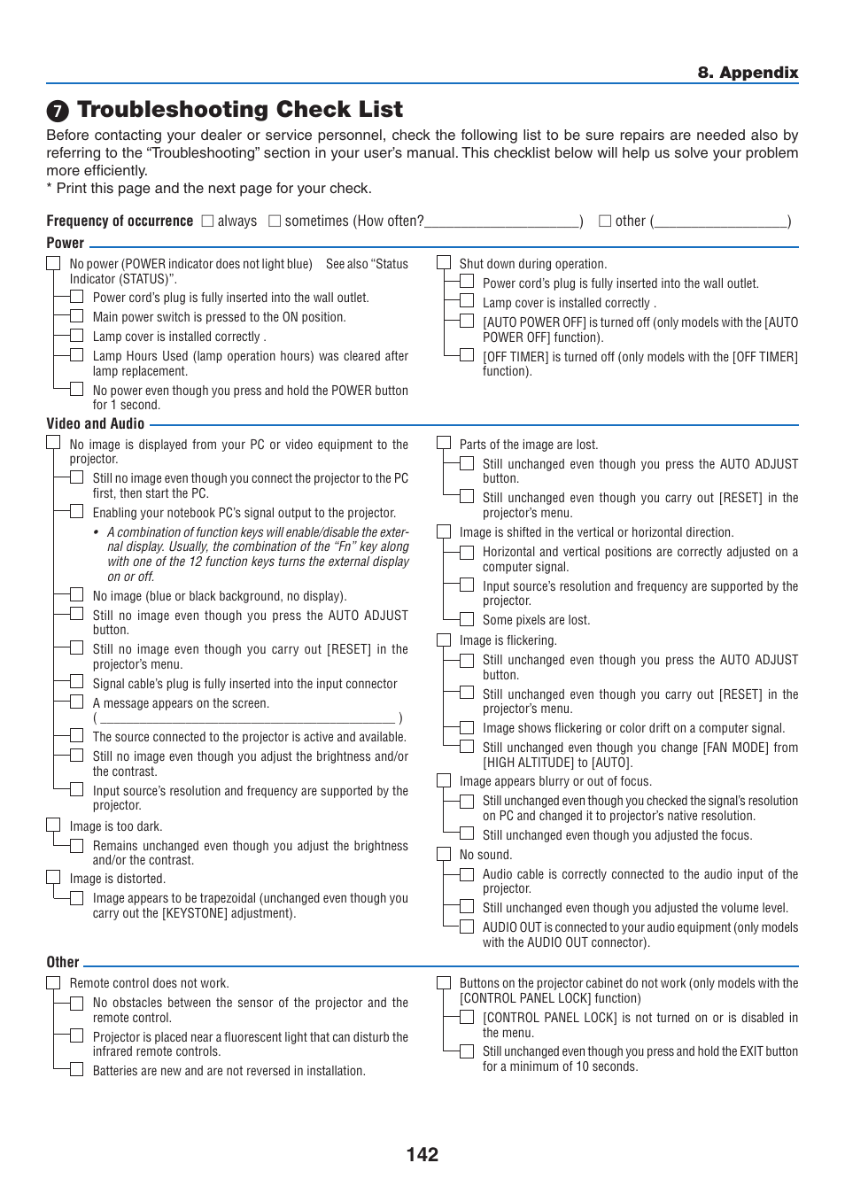 7) troubleshooting check list, Troubleshooting check list, Appendix | NEC M350X User Manual | Page 152 / 155