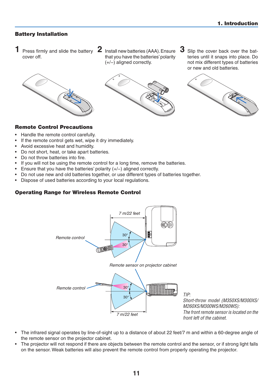Battery installation, Remote control precautions, Operating range for wireless remote control | NEC M350X User Manual | Page 21 / 155