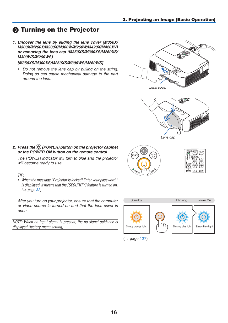 3) turning on the projector, Turning on the projector | NEC M350X User Manual | Page 26 / 155