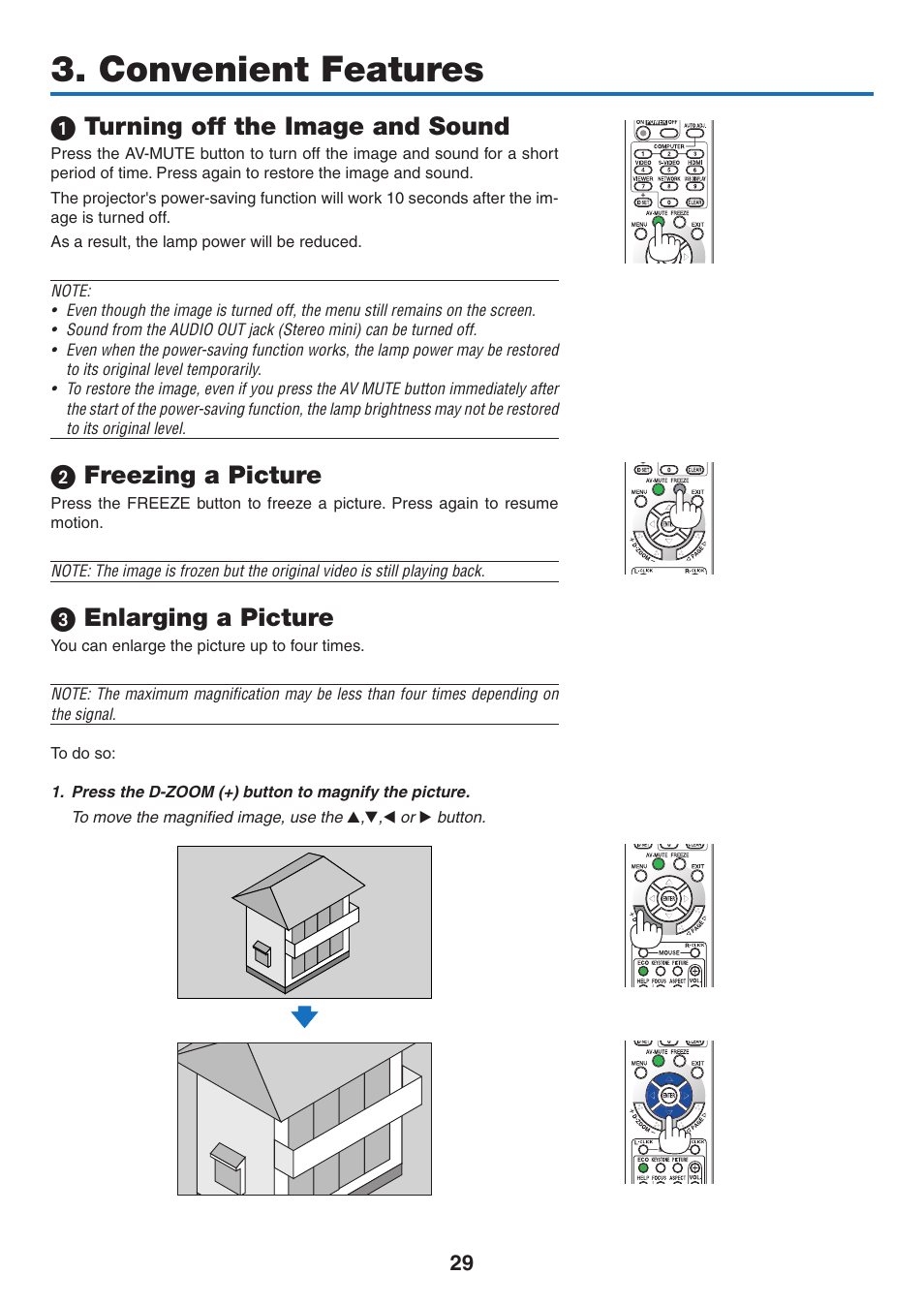 Convenient features, 1) turning off the image and sound, 2) freezing a picture | 3) enlarging a picture, 1 turning off the image and sound, Freezing a picture, Enlarging a picture | NEC M350X User Manual | Page 39 / 155