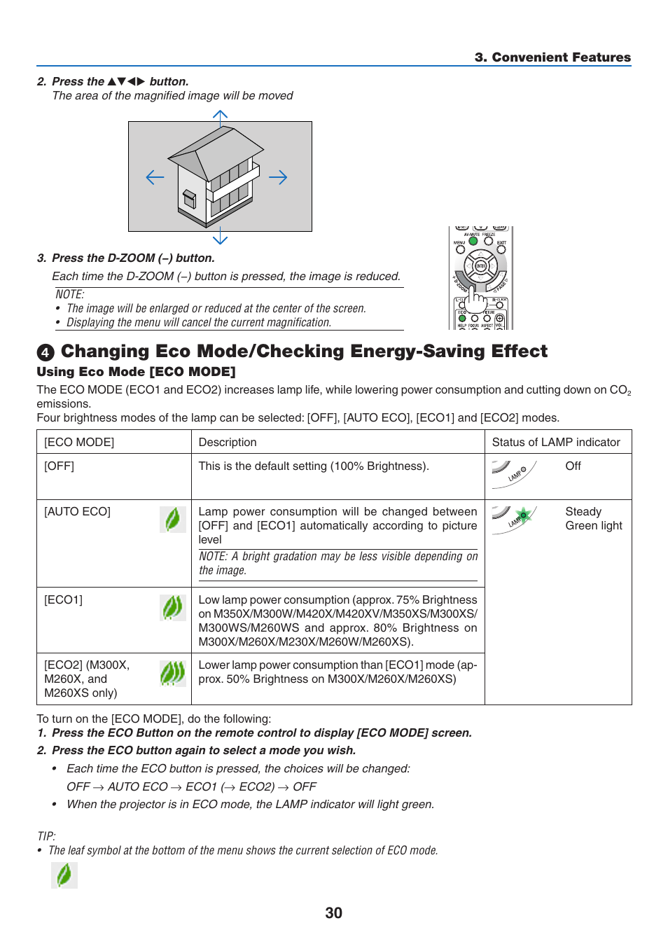 4) changing eco mode/checking energy-saving effect, Using eco mode [eco mode, Changing eco mode/checking energy-saving effect | NEC M350X User Manual | Page 40 / 155