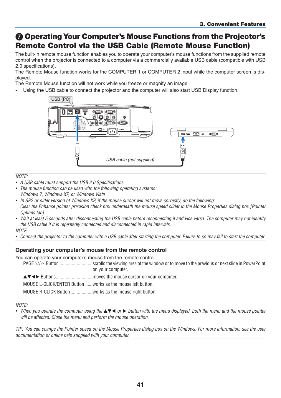 Via the usb cable (remote mouse function) | NEC M350X User Manual | Page 51 / 155