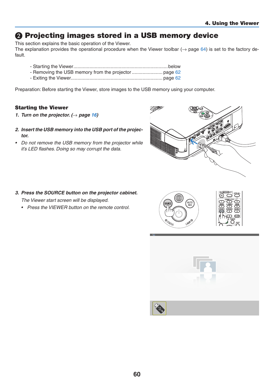2) projecting images stored in a usb memory device, Projecting images stored in a usb memory device | NEC M350X User Manual | Page 70 / 155
