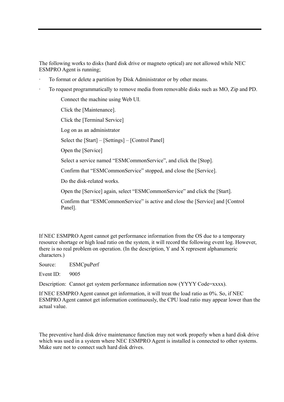Disk maintenance while nec esmpro agent is running, About the warning event of cpu load monitoring, Connection with hard disk drive | NEC Express 5800/320Lc User Manual | Page 186 / 357