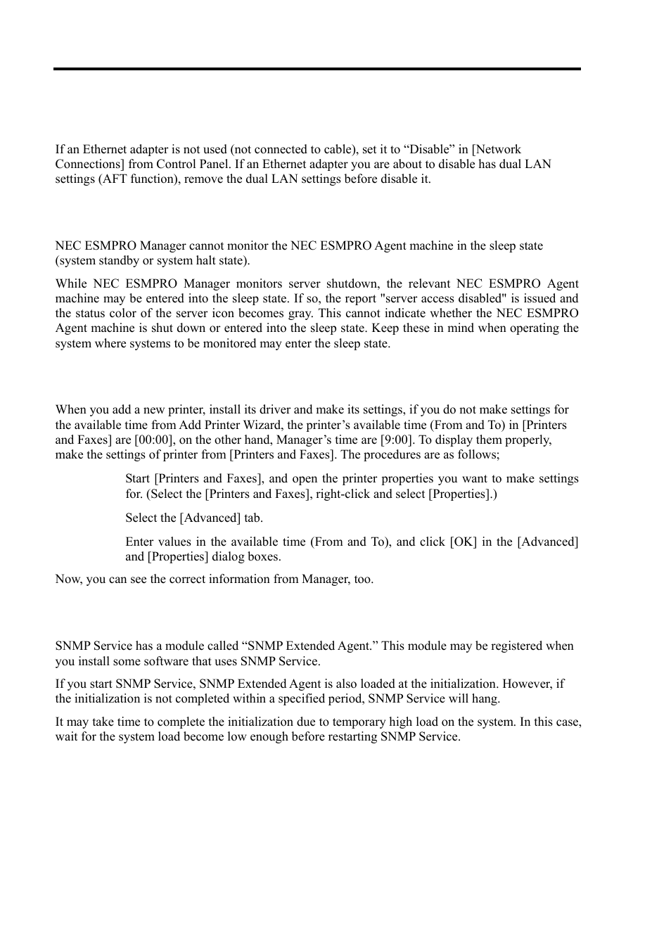 Ethernet adapters you do not use, Monitoring in sleep state, Printer information’s available time | Hang of snmp service | NEC Express 5800/320Lc User Manual | Page 189 / 357