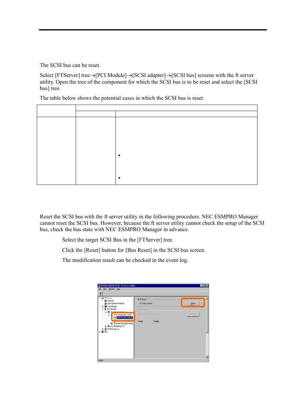 Scsi bus reset, Sample screen of ft server utility | NEC Express 5800/320Lc User Manual | Page 226 / 357
