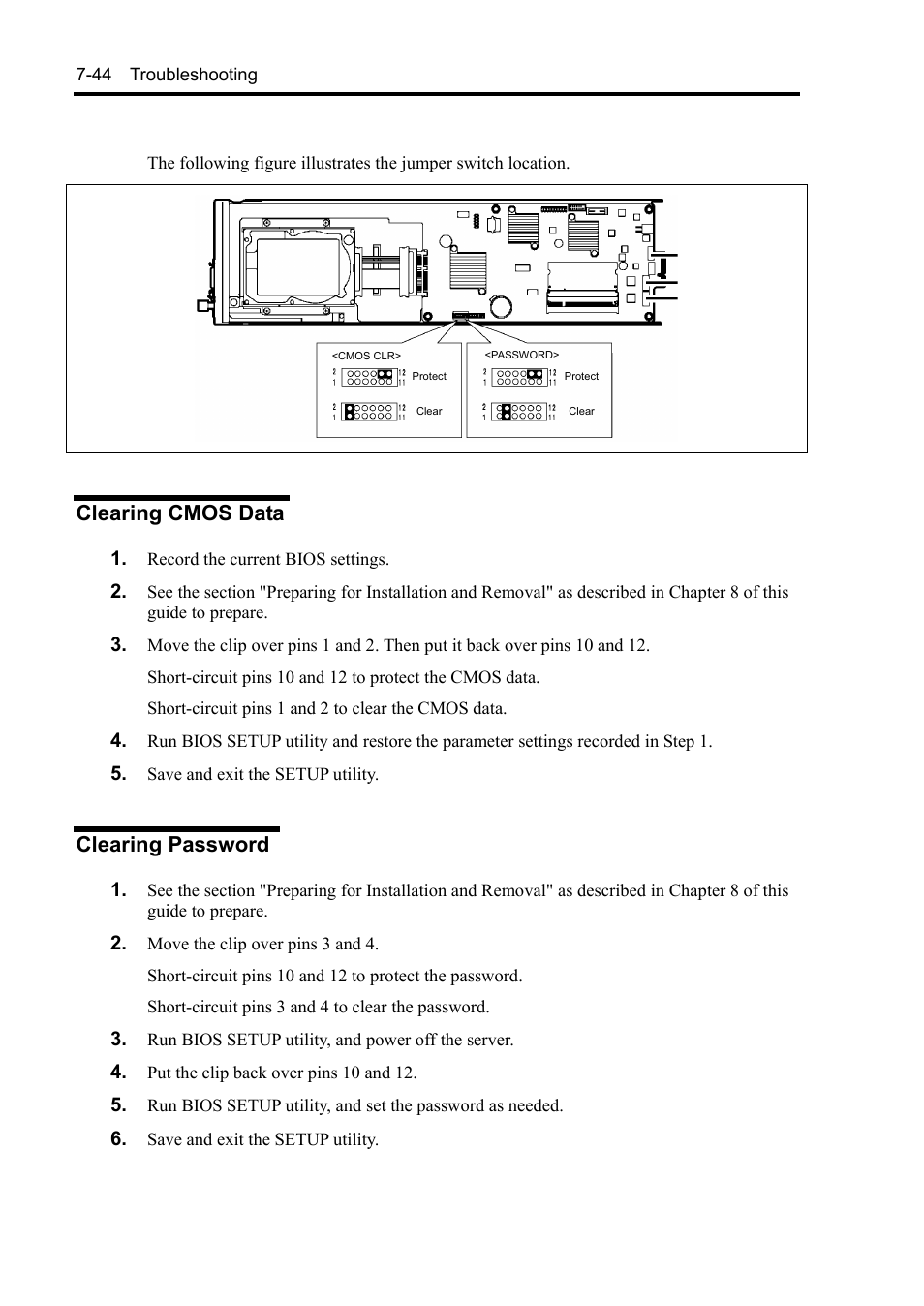 Clearing cmos data, Clearing password | NEC EXPRESS5800/100 SERIES N8100-1635F User Manual | Page 134 / 152