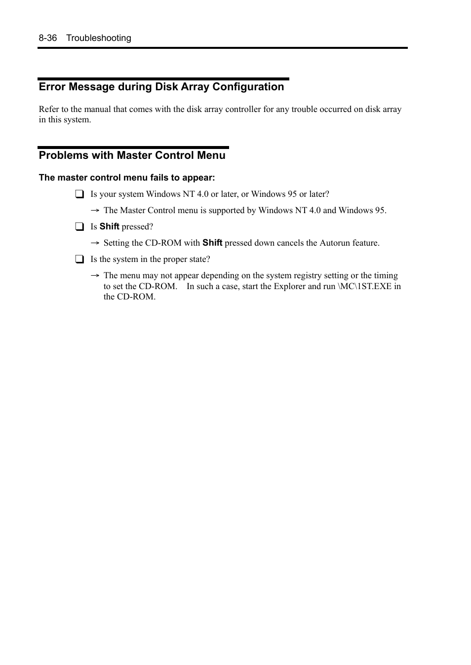 Error message during disk array configuration, Problems with master control menu | NEC Server 140Rc-4 User Manual | Page 274 / 400