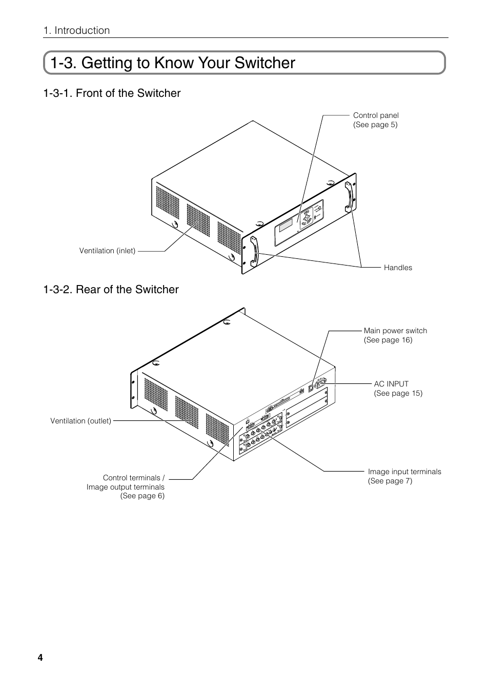 3. getting to know your switcher, 3-1. front of the switcher, 3-2. rear of the switcher | NEC MM2000 User Manual | Page 12 / 40