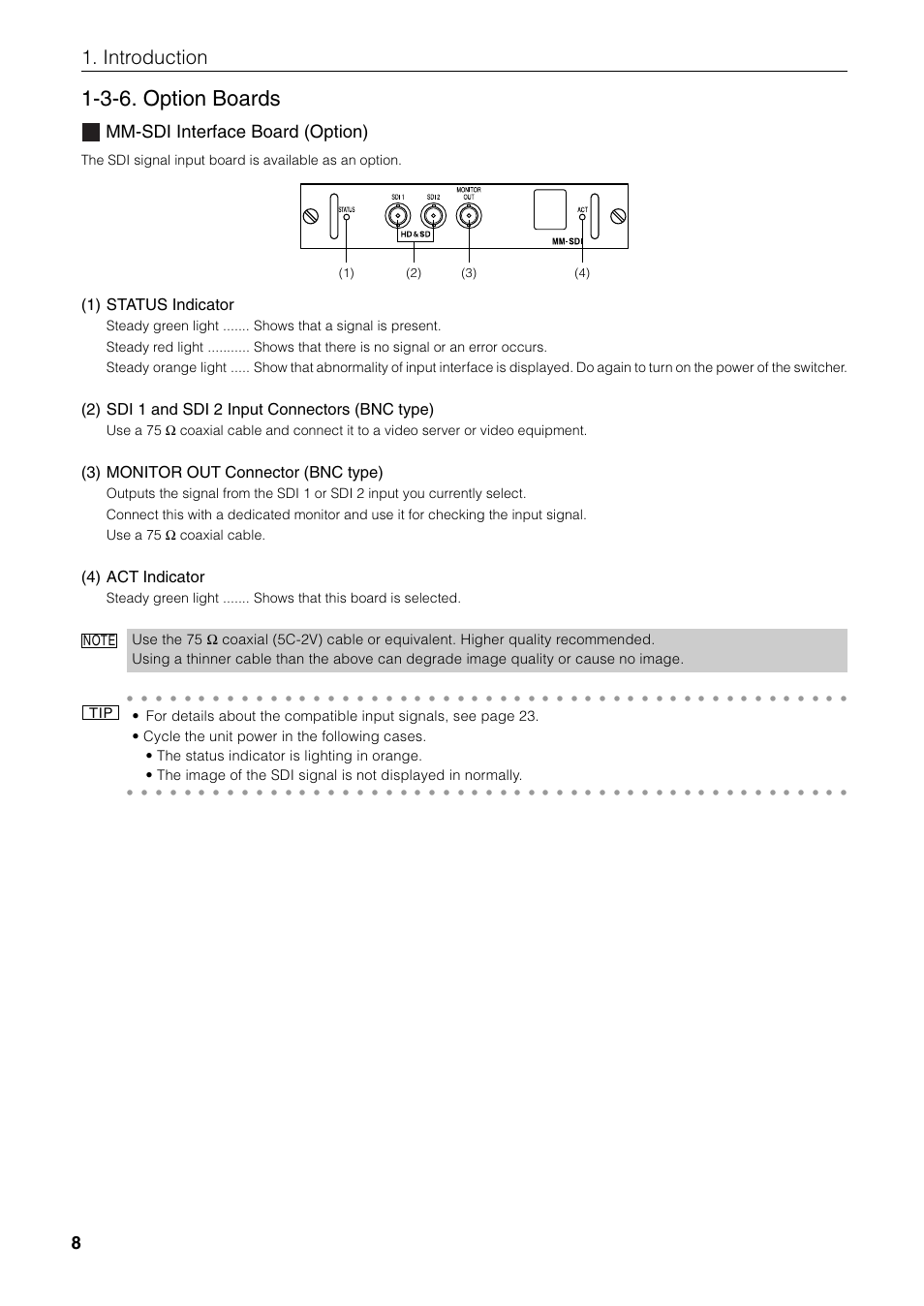 3-6. option boards, Introduction, Mm-sdi interface board (option) | 1) status indicator, 2) sdi 1 and sdi 2 input connectors (bnc type), 3) monitor out connector (bnc type), 4) act indicator | NEC MM2000 User Manual | Page 16 / 40