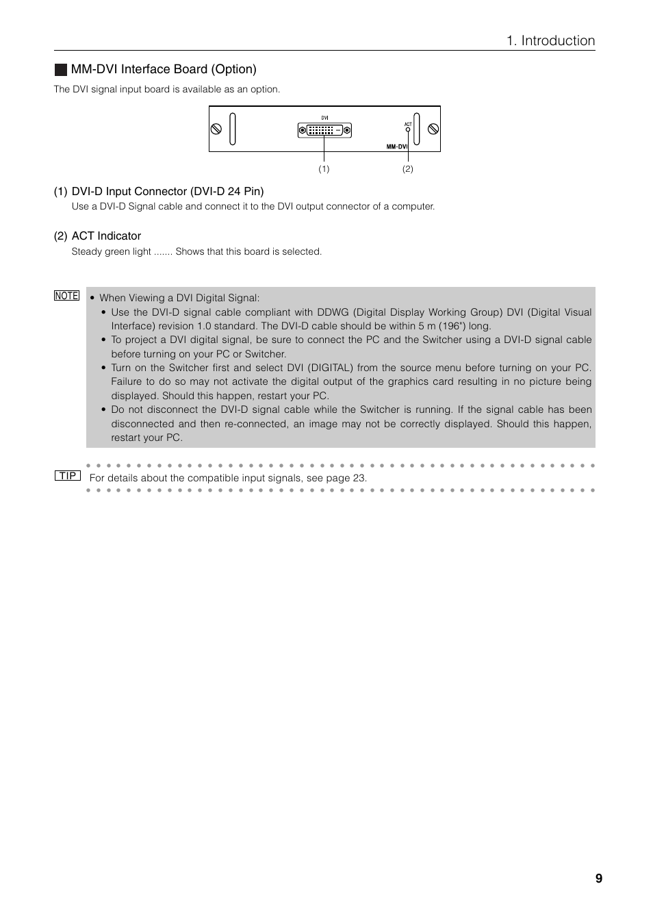 Introduction, Mm-dvi interface board (option), 1) dvi-d input connector (dvi-d 24 pin) | 2) act indicator | NEC MM2000 User Manual | Page 17 / 40