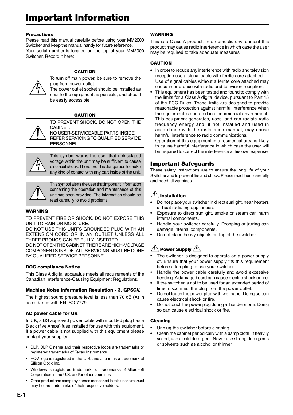 Important information, Important safeguards | NEC MM2000 User Manual | Page 2 / 40