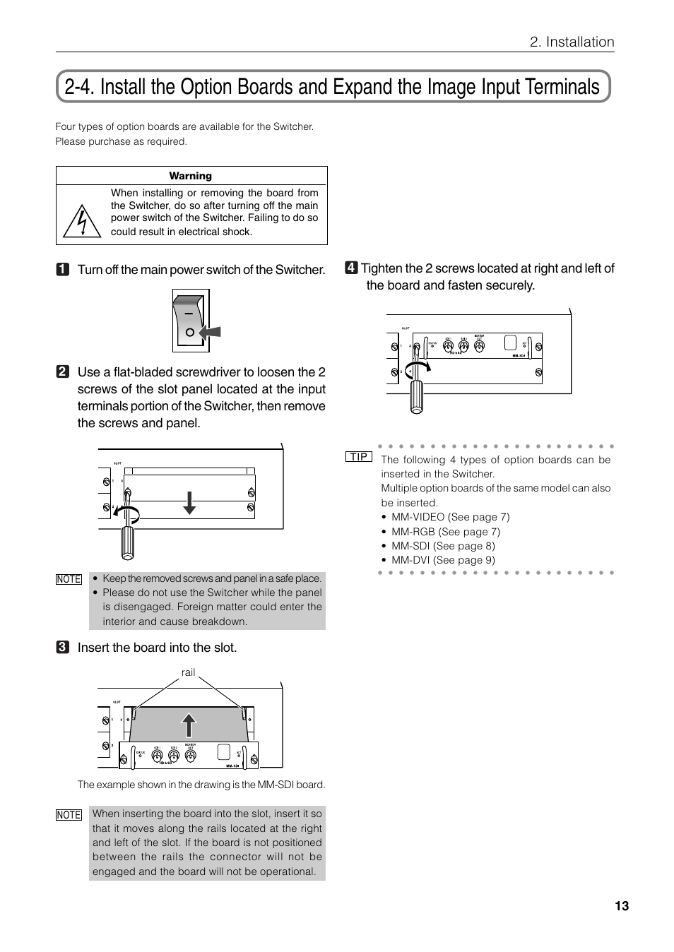 Installation, 3insert the board into the slot, Mm-dvi (see page 9) | NEC MM2000 User Manual | Page 21 / 40