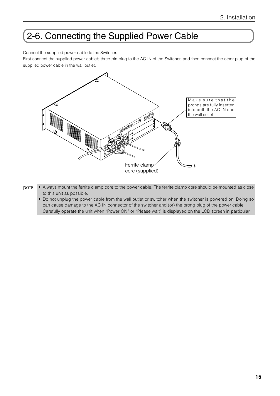 6. connecting the supplied power cable, Installation | NEC MM2000 User Manual | Page 23 / 40