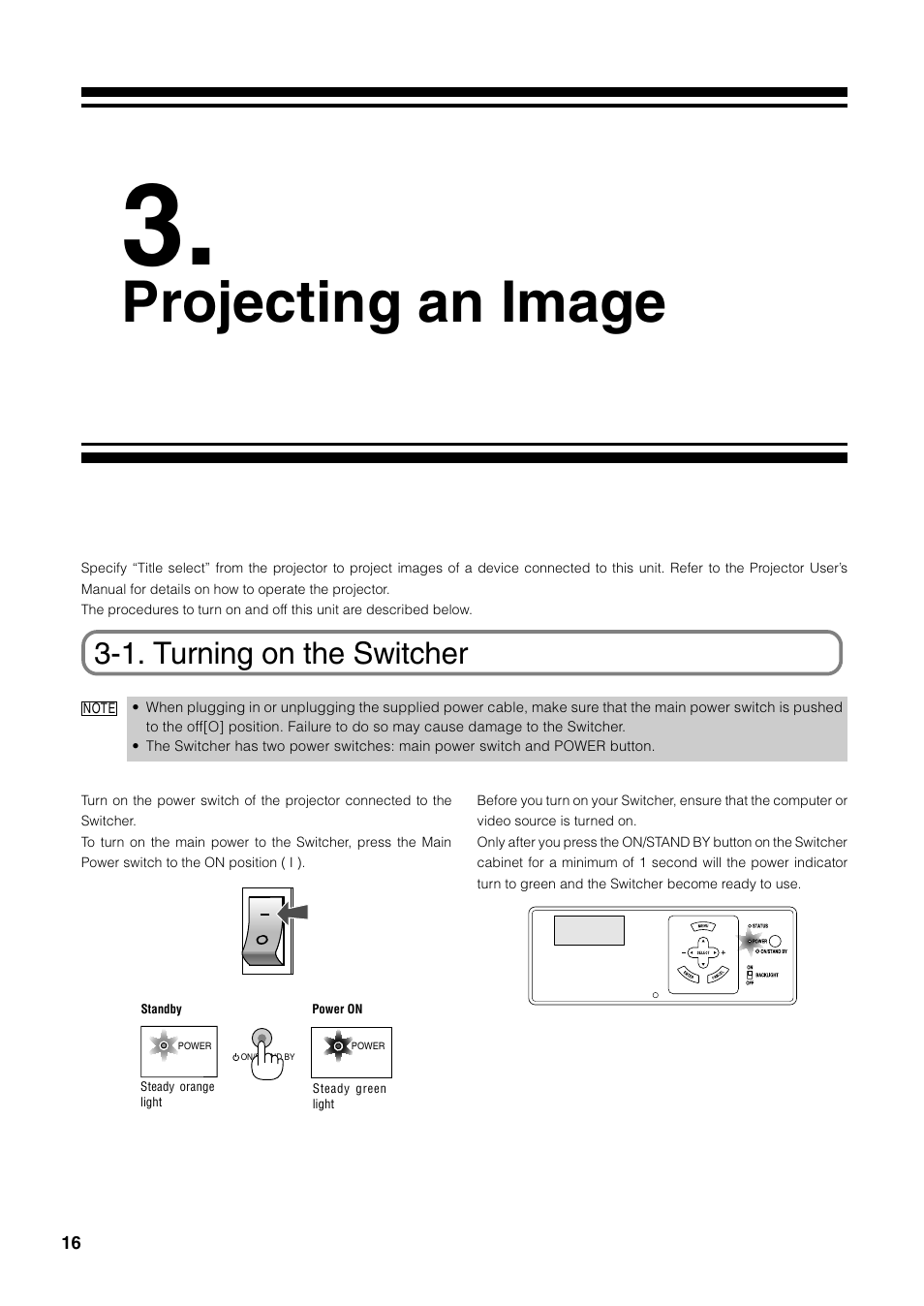 Projecting an image, 1. turning on the switcher | NEC MM2000 User Manual | Page 24 / 40