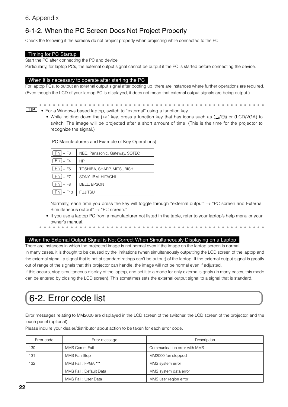 2. error code list, 1-2. when the pc screen does not project properly, Appendix | Timing for pc startup, Owner’s manual | NEC MM2000 User Manual | Page 30 / 40