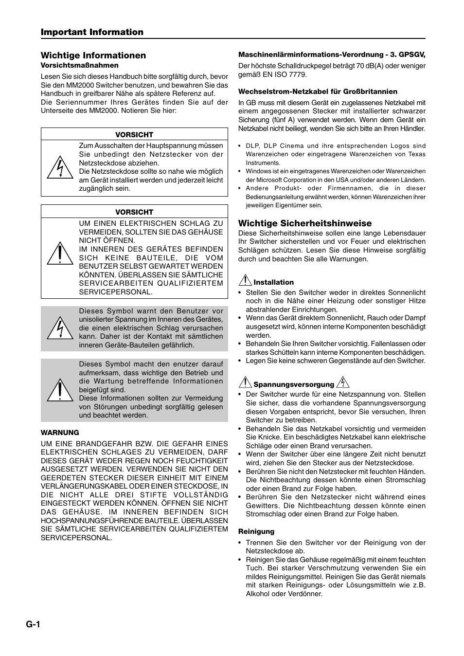 G-1 important information wichtige informationen, Wichtige sicherheitshinweise | NEC MM2000 User Manual | Page 6 / 40