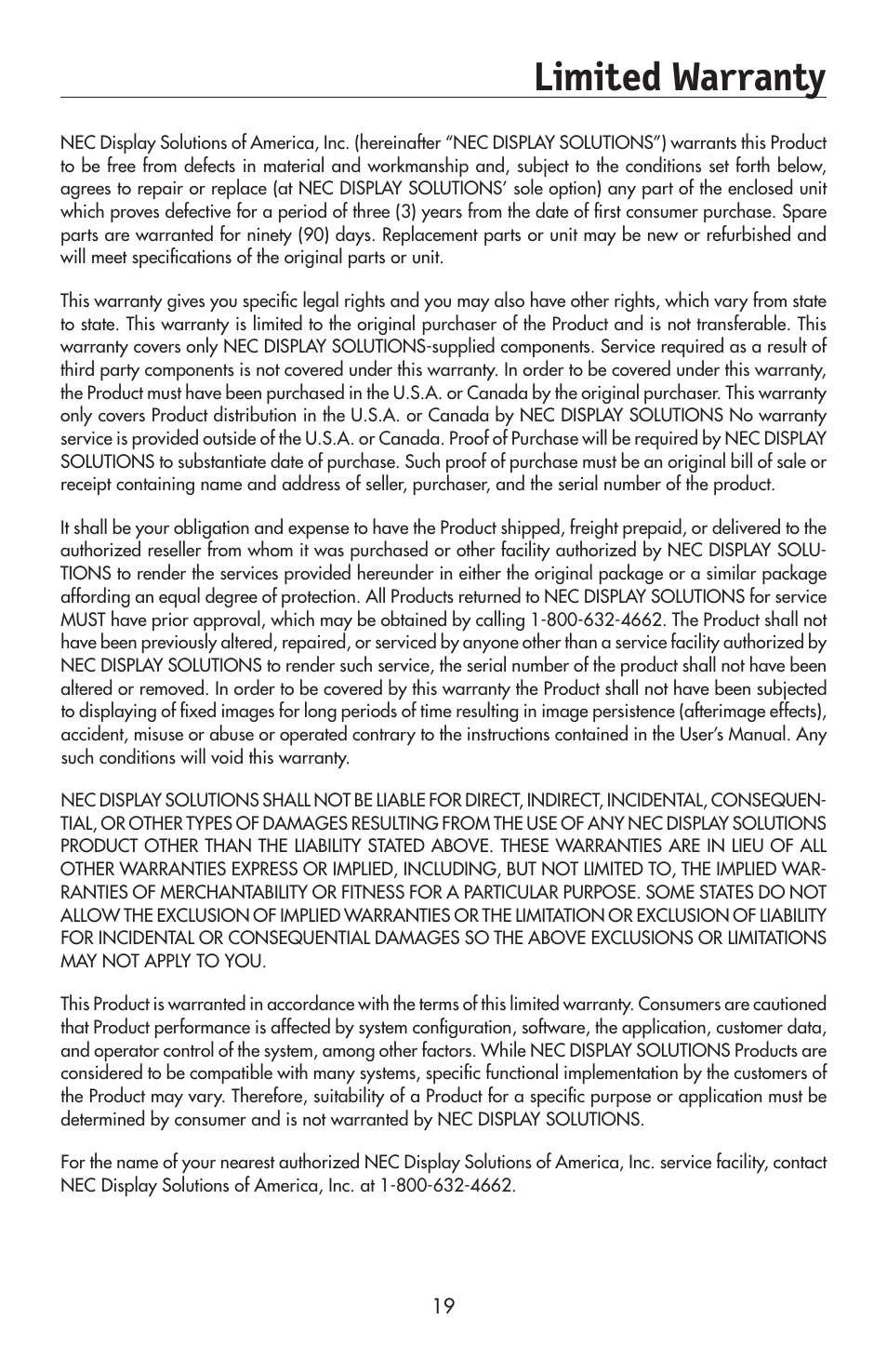 Limited warranty | NEC 175VXM User Manual | Page 21 / 76