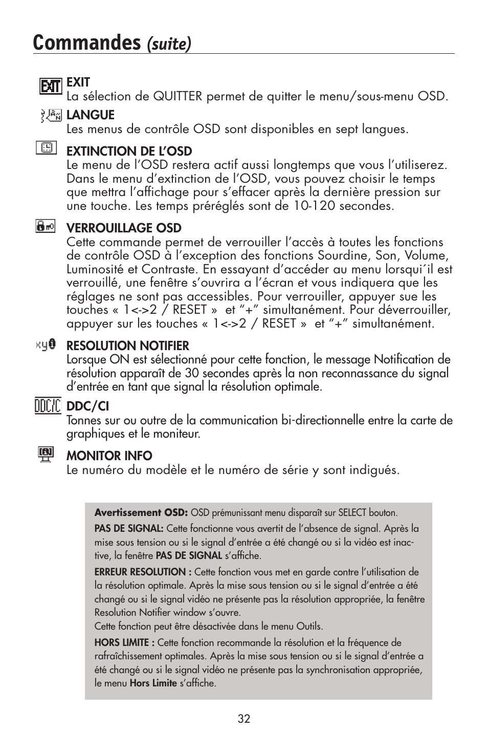 Commandes, Suite) | NEC 175VXM User Manual | Page 34 / 76