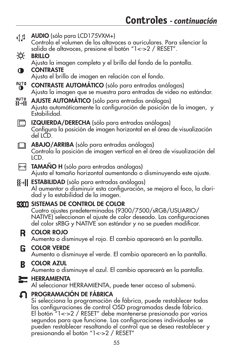 Controles, Continuación | NEC 175VXM User Manual | Page 57 / 76