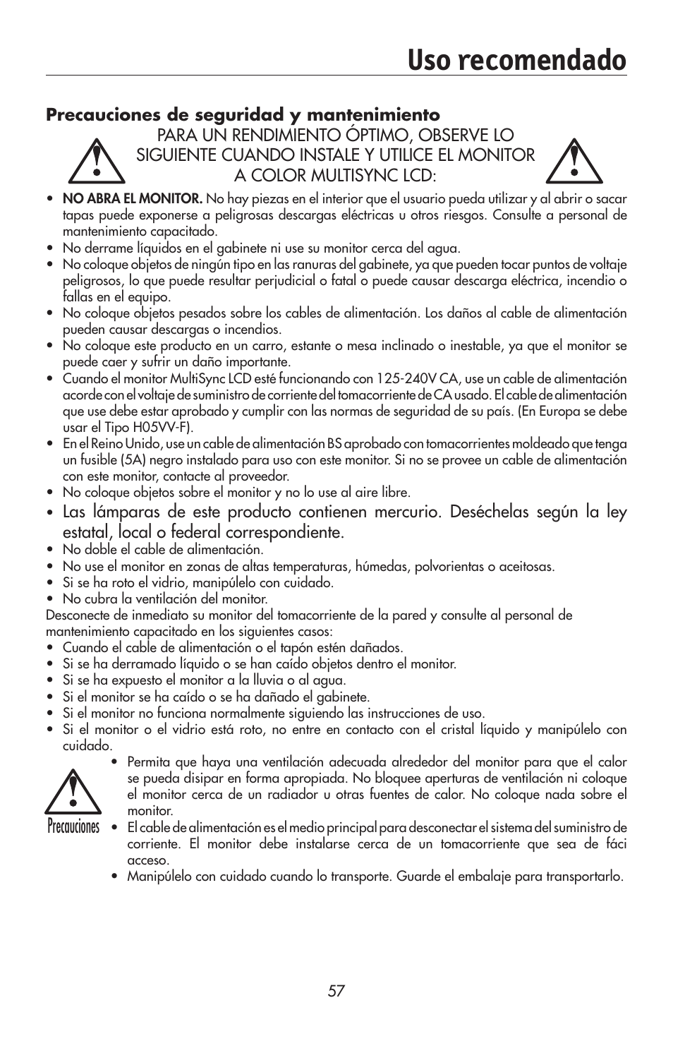 Uso recomendado, Precauciones | NEC 175VXM User Manual | Page 59 / 76