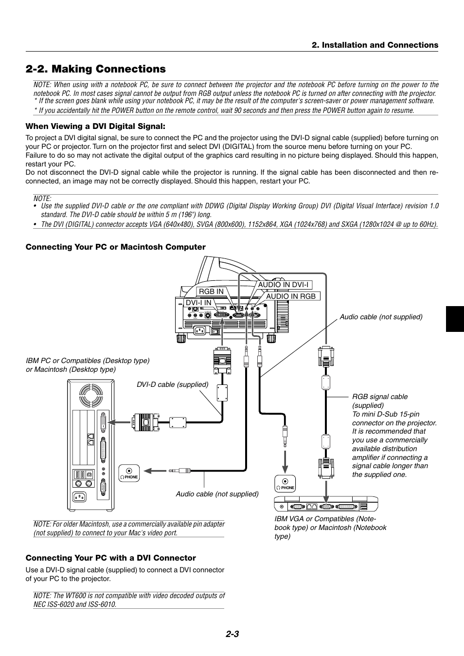 2. making connections, When viewing a dvi digital signal, Connecting your pc or macintosh computer | Connecting your pc with a dvi connector, Installation and connections, Dvi-i in audio in dvi-i audio in rgb rgb in | NEC WT600 User Manual | Page 19 / 76