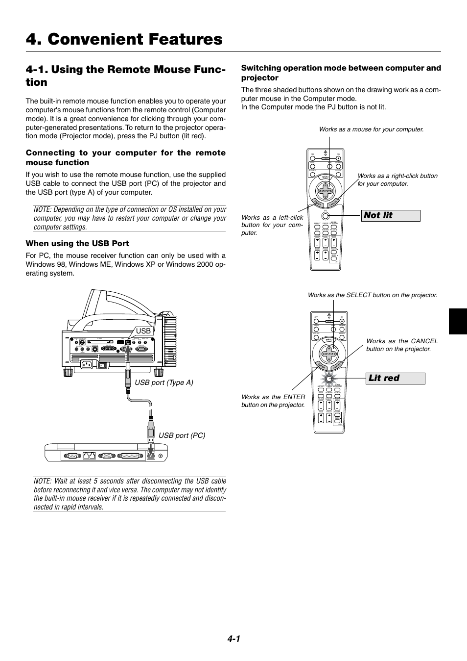 Convenient features, 1. using the remote mouse func- tion, Lit red | Not lit, When using the usb port, Works as a left-click button for your com- puter | NEC WT600 User Manual | Page 29 / 76