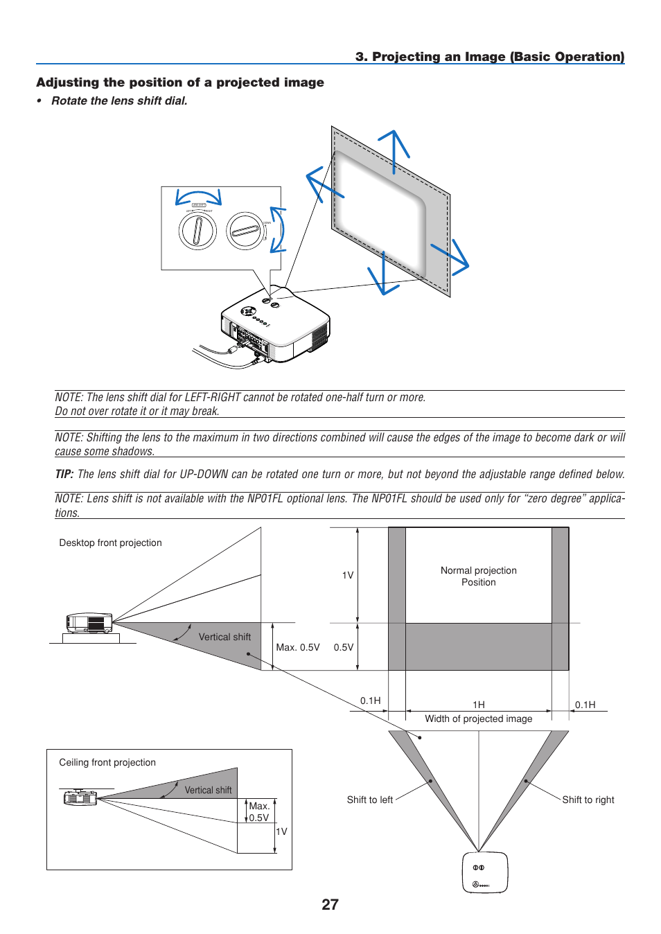 Adjusting the position of a projected image | NEC NP2250 User Manual | Page 41 / 183