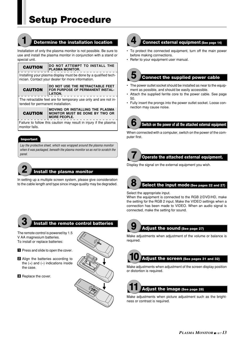 Setup procedure | NEC PlasmaSync 42PD3 User Manual | Page 13 / 70