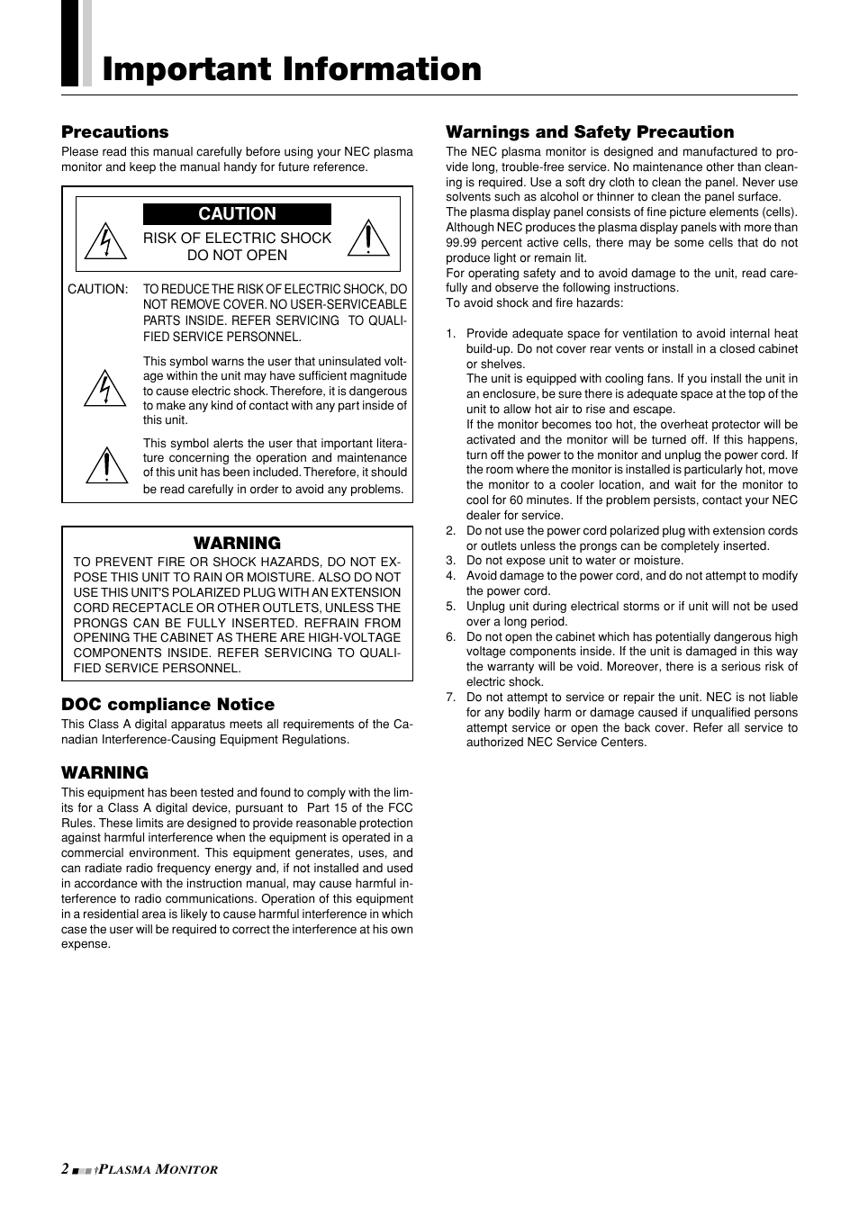 Important information, Warnings and safety precaution, Warning | Doc compliance notice, Precautions, Caution | NEC PlasmaSync 42PD3 User Manual | Page 2 / 70