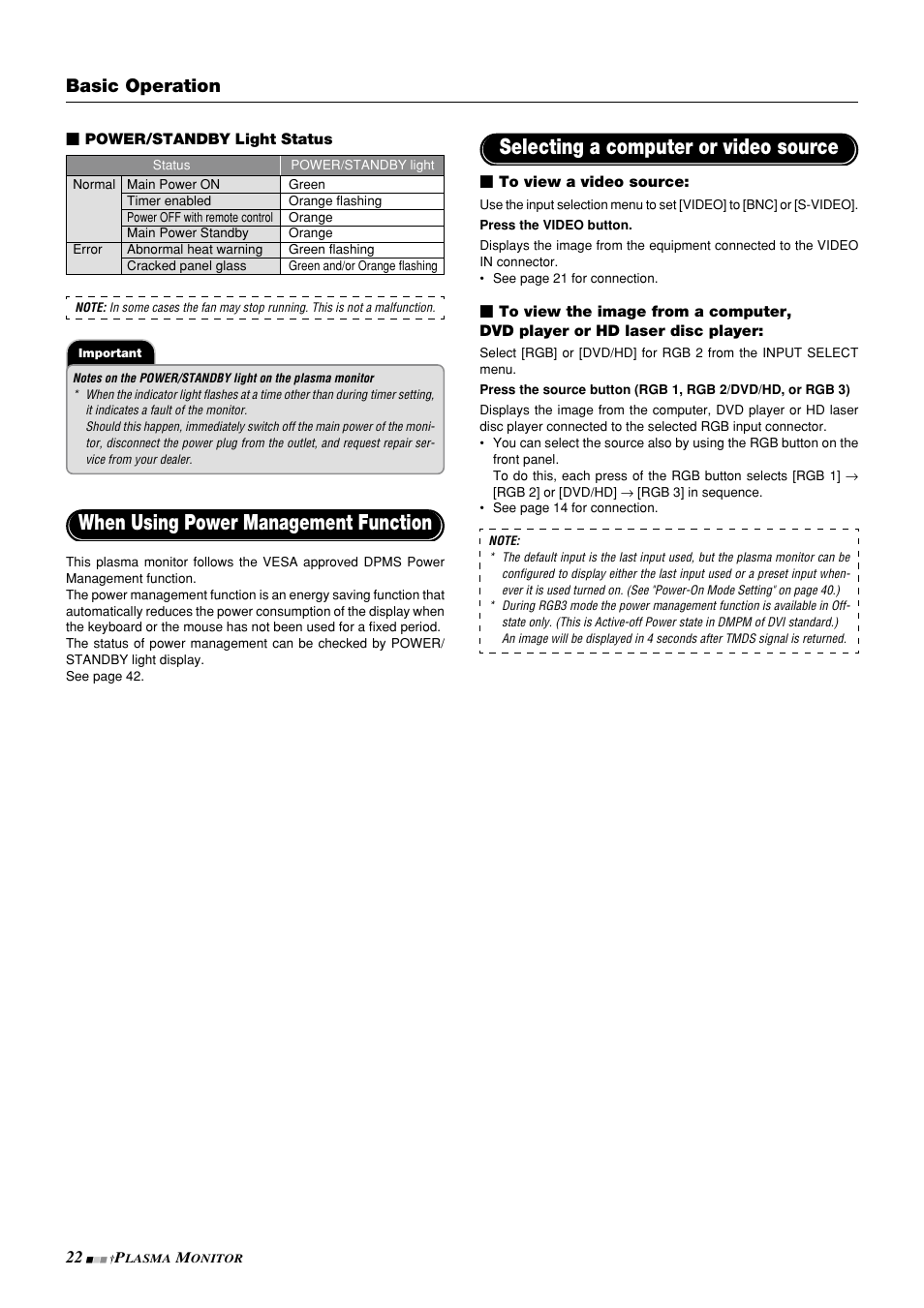 Selecting a computer or video source, When using power management function, Basic operation | NEC PlasmaSync 42PD3 User Manual | Page 22 / 70