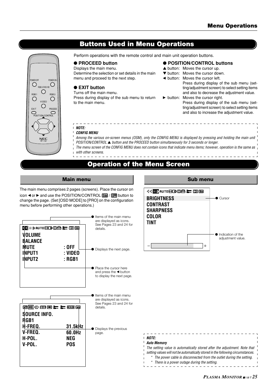 Buttons used in menu operations, Operation of the menu screen, Menu operations | Main menu sub menu, Brightness contrast sharpness color tint, Proceed button, Exit button, Position/control buttons | NEC PlasmaSync 42PD3 User Manual | Page 25 / 70