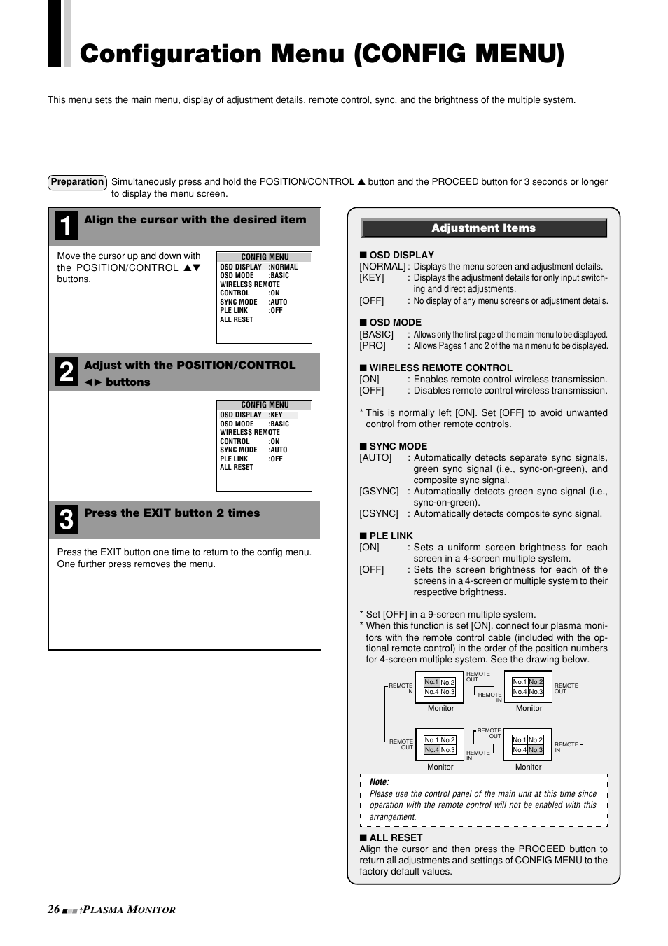 Configuration menu (config menu), Align the cursor with the desired item, Adjust with the position/control | NEC PlasmaSync 42PD3 User Manual | Page 26 / 70