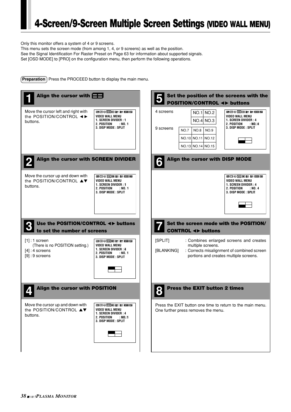 Screen/9-screen multiple screen settings, Video wall menu) | NEC PlasmaSync 42PD3 User Manual | Page 38 / 70