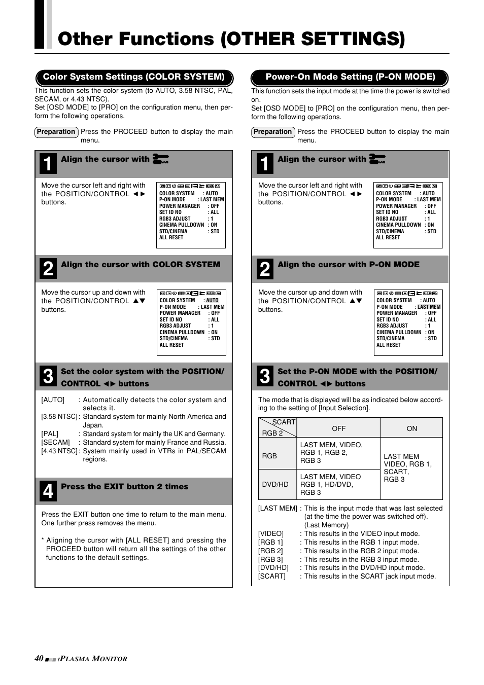 Other functions (other settings) | NEC PlasmaSync 42PD3 User Manual | Page 40 / 70