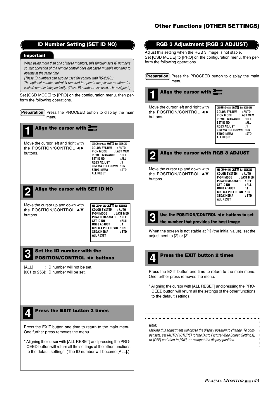 Other functions (other settings) | NEC PlasmaSync 42PD3 User Manual | Page 43 / 70