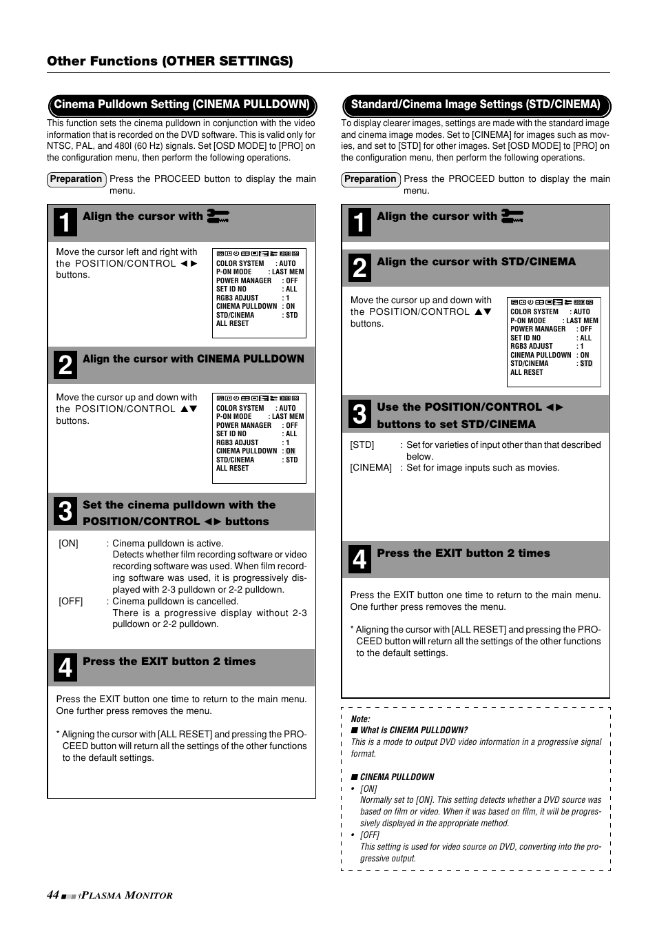 Other functions (other settings) | NEC PlasmaSync 42PD3 User Manual | Page 44 / 70