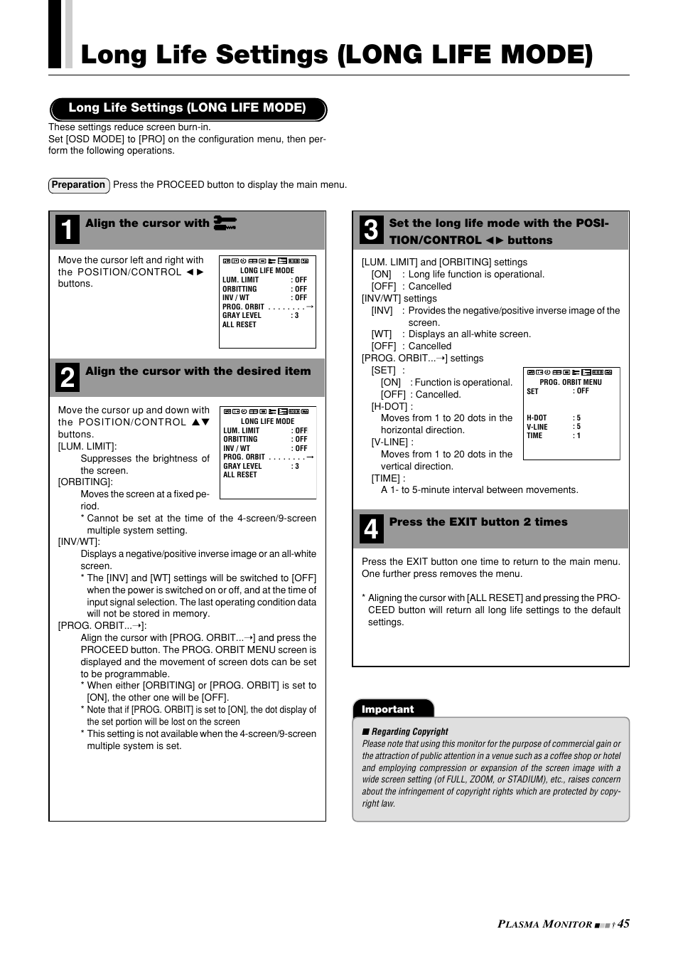 Long life settings (long life mode) | NEC PlasmaSync 42PD3 User Manual | Page 45 / 70