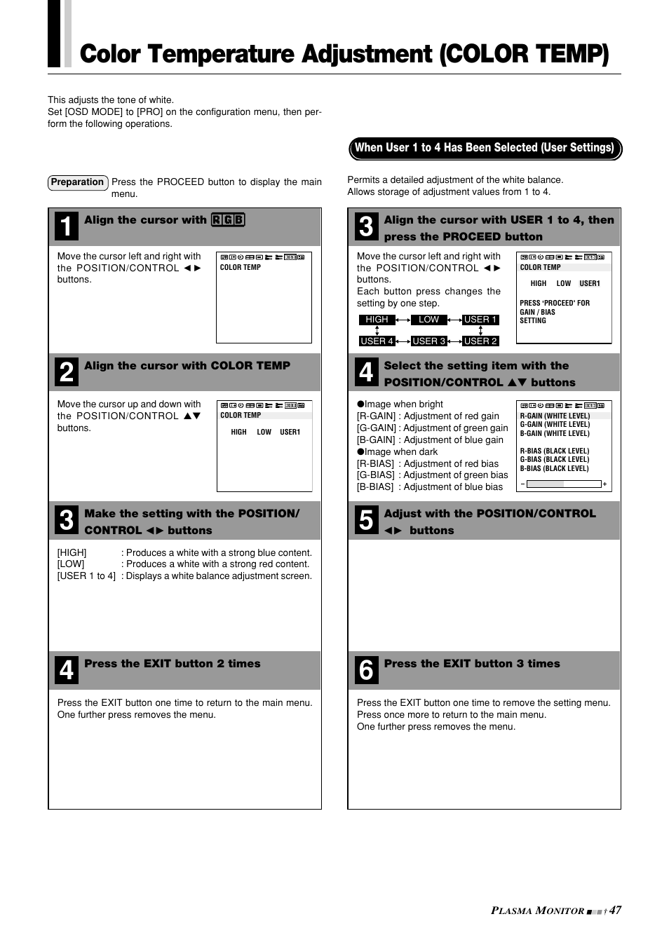 Color temperature adjustment (color temp) | NEC PlasmaSync 42PD3 User Manual | Page 47 / 70