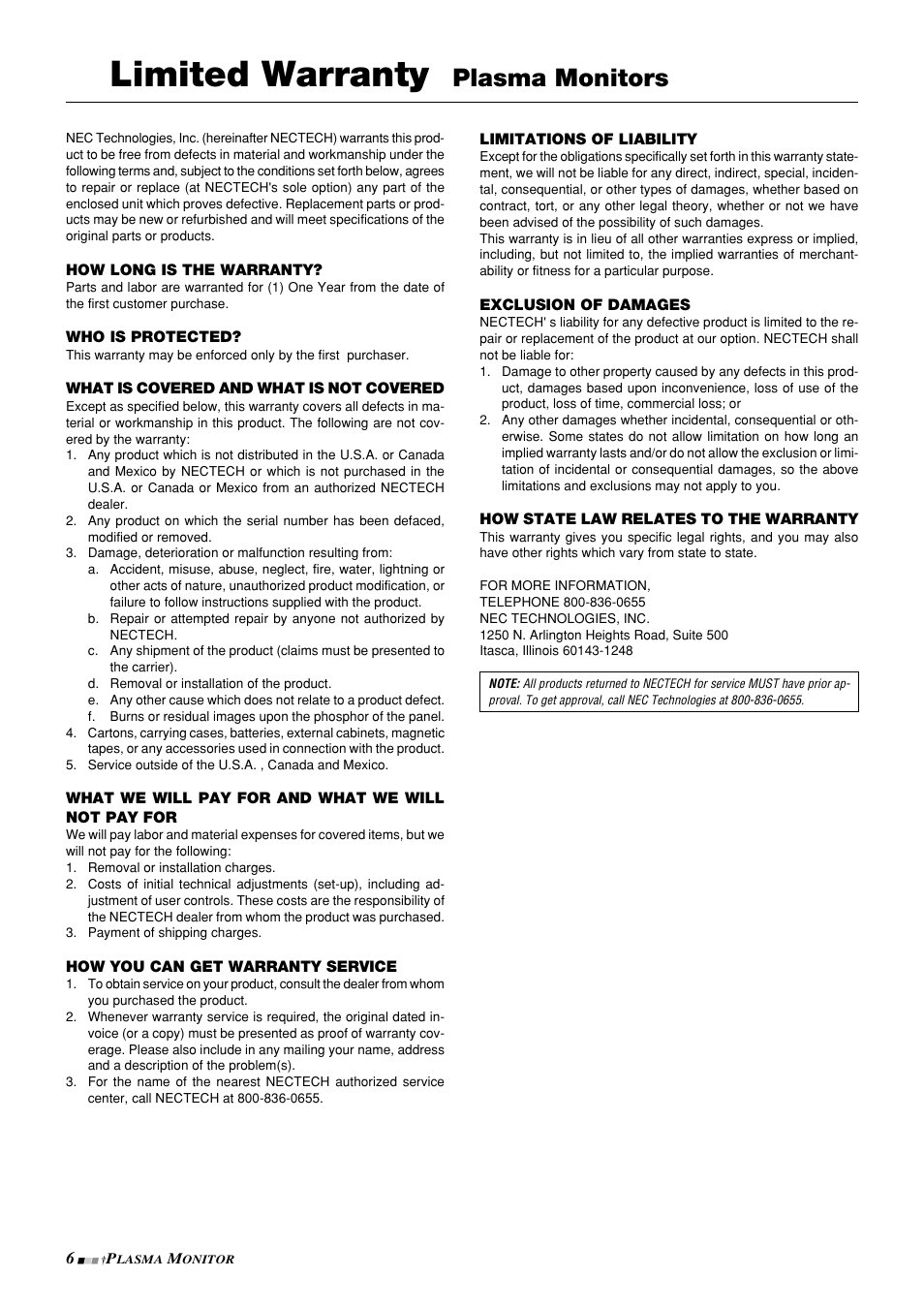 Limited warranty, Plasma monitors | NEC PlasmaSync 42PD3 User Manual | Page 6 / 70